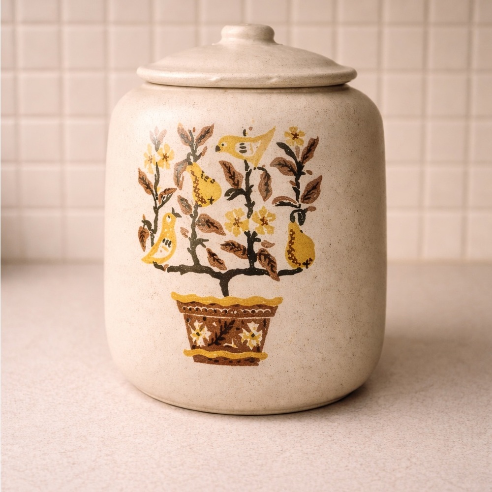 “Partridge in a Pear Tree” Stoneware Canister with Lid – Cottagecore Kitchen